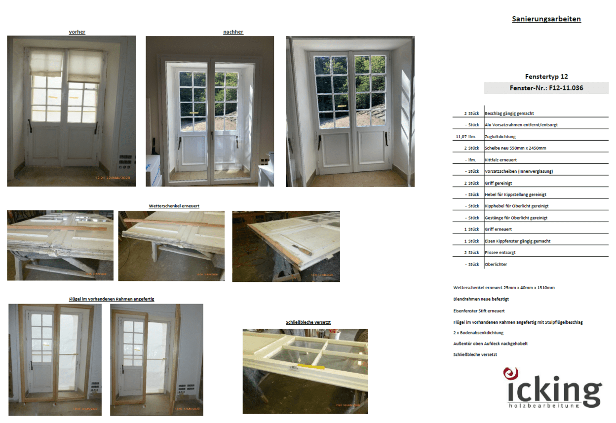 Bilder von Fensterrenovierungen mit Vorher-Nachher-Vergleich und Montageanleitungen auf einer Übersicht.